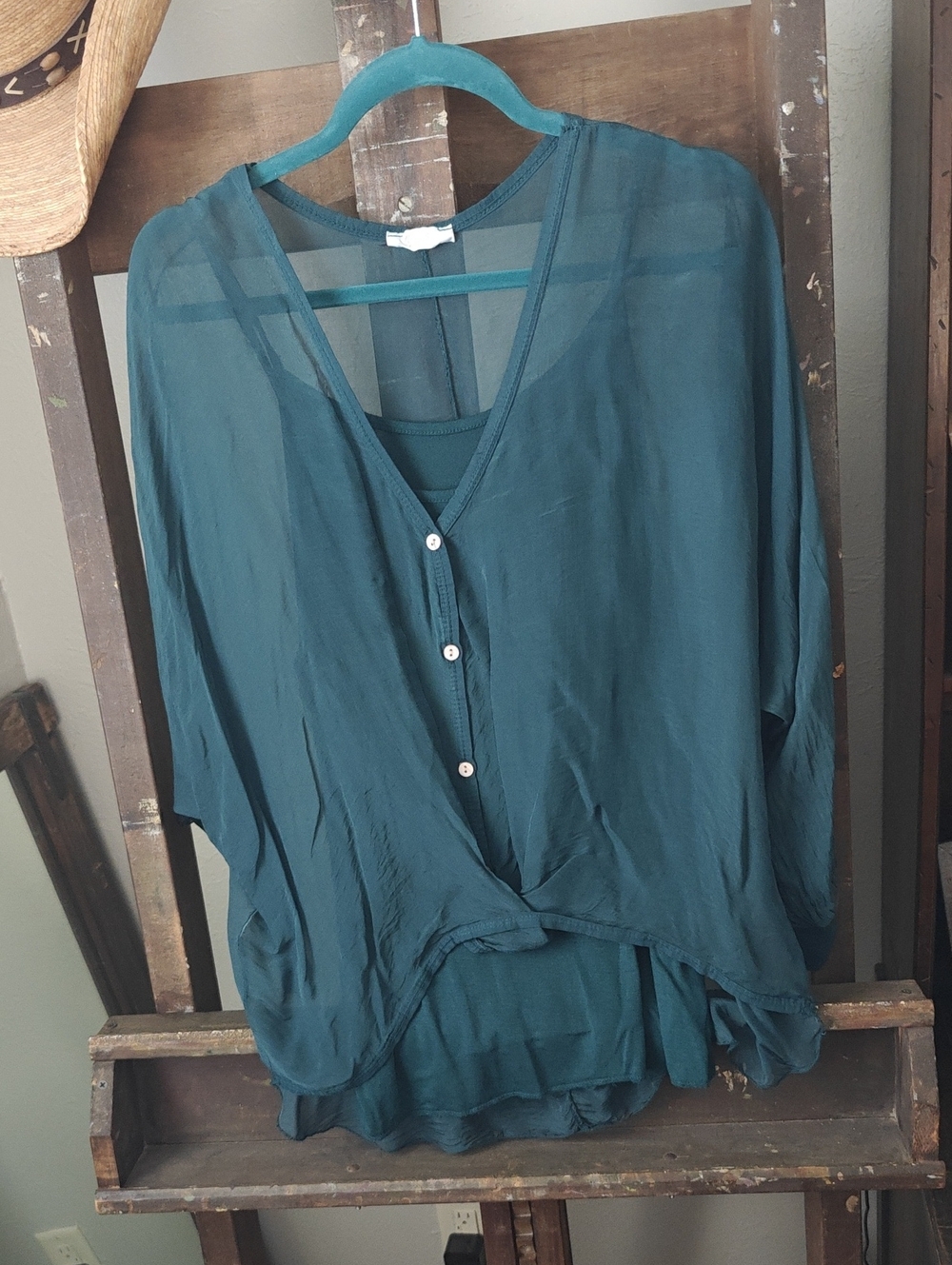 Relaxed Teal V-Neck Button-Front Women's Blouse